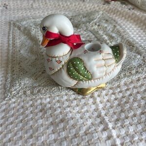 Vintage 1987 Lefton Patchwork Christmas Bow Duck Goose Candle Holder